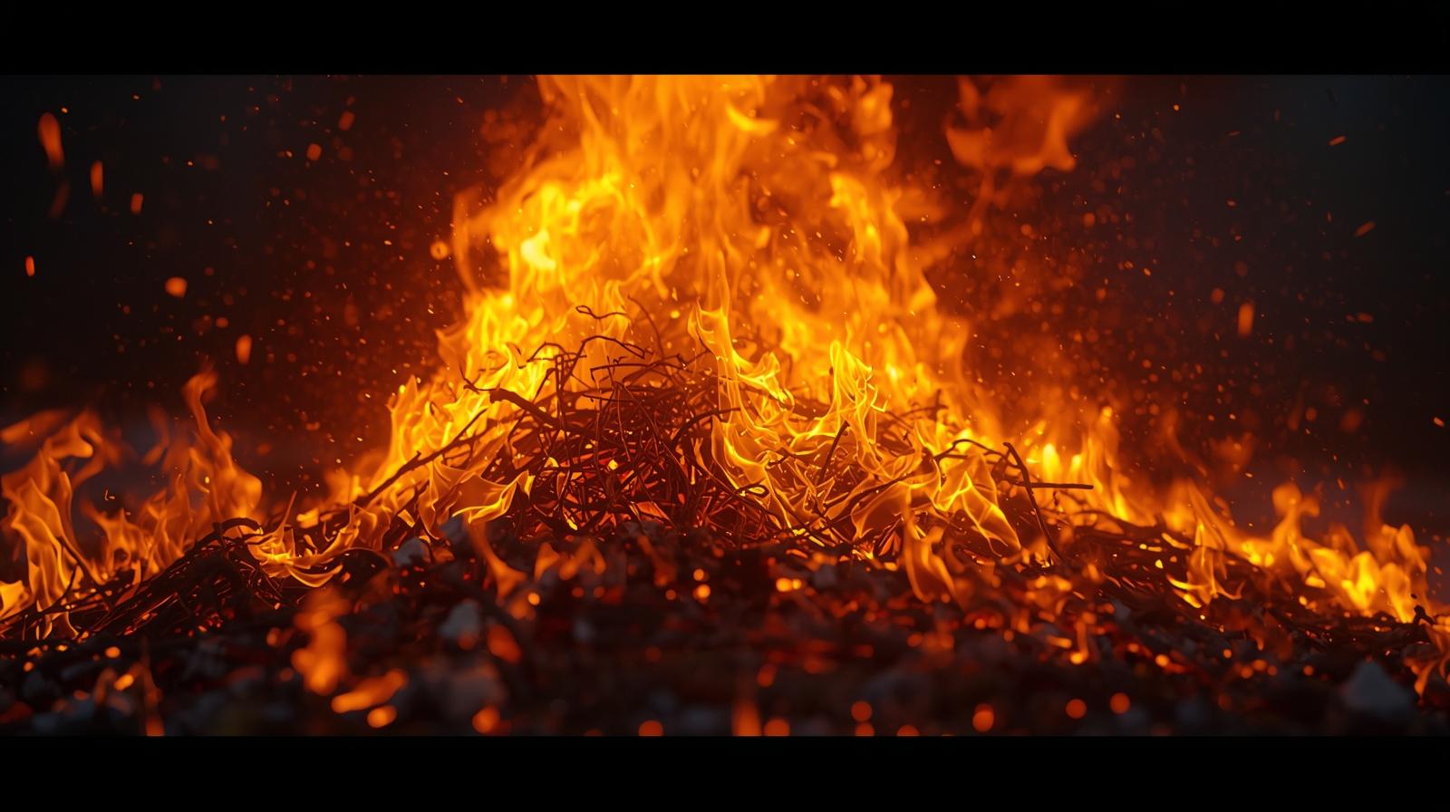 激しく燃え上がる炎と火の粉